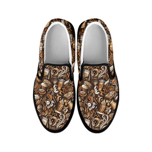 Coffee And Dessert Drawing Pattern Print Black Slip On Shoes