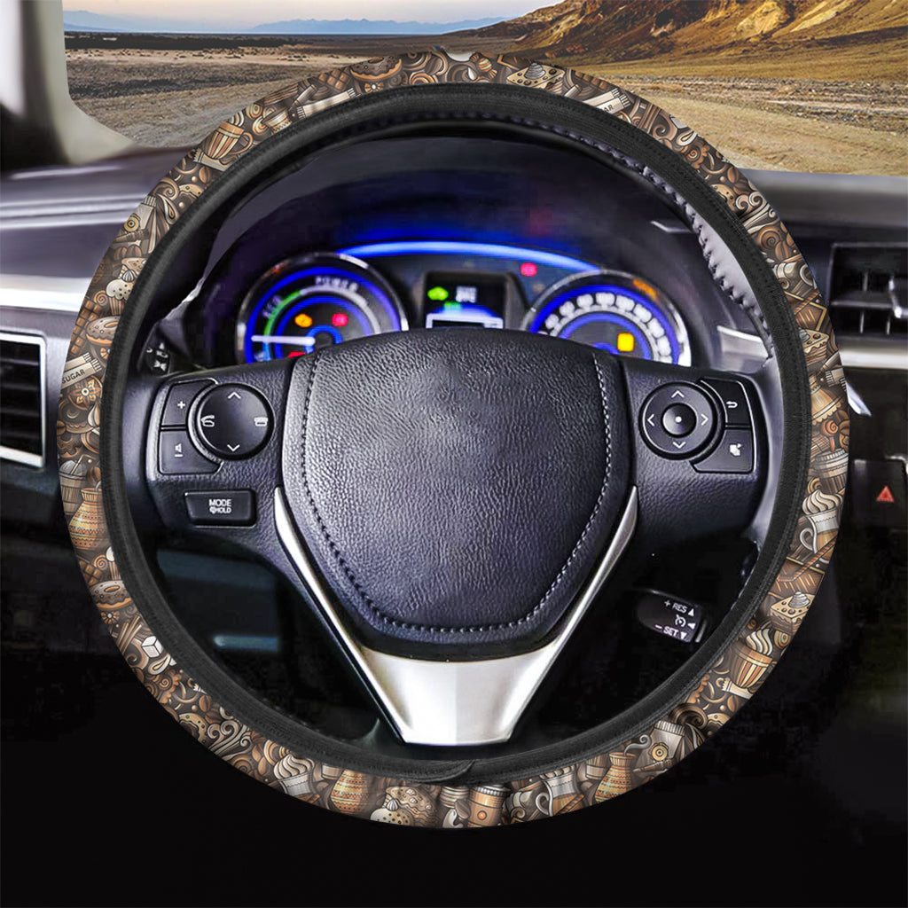 Coffee And Dessert Drawing Pattern Print Car Steering Wheel Cover