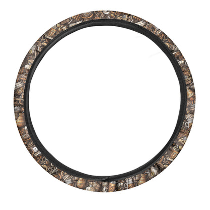 Coffee And Dessert Drawing Pattern Print Car Steering Wheel Cover