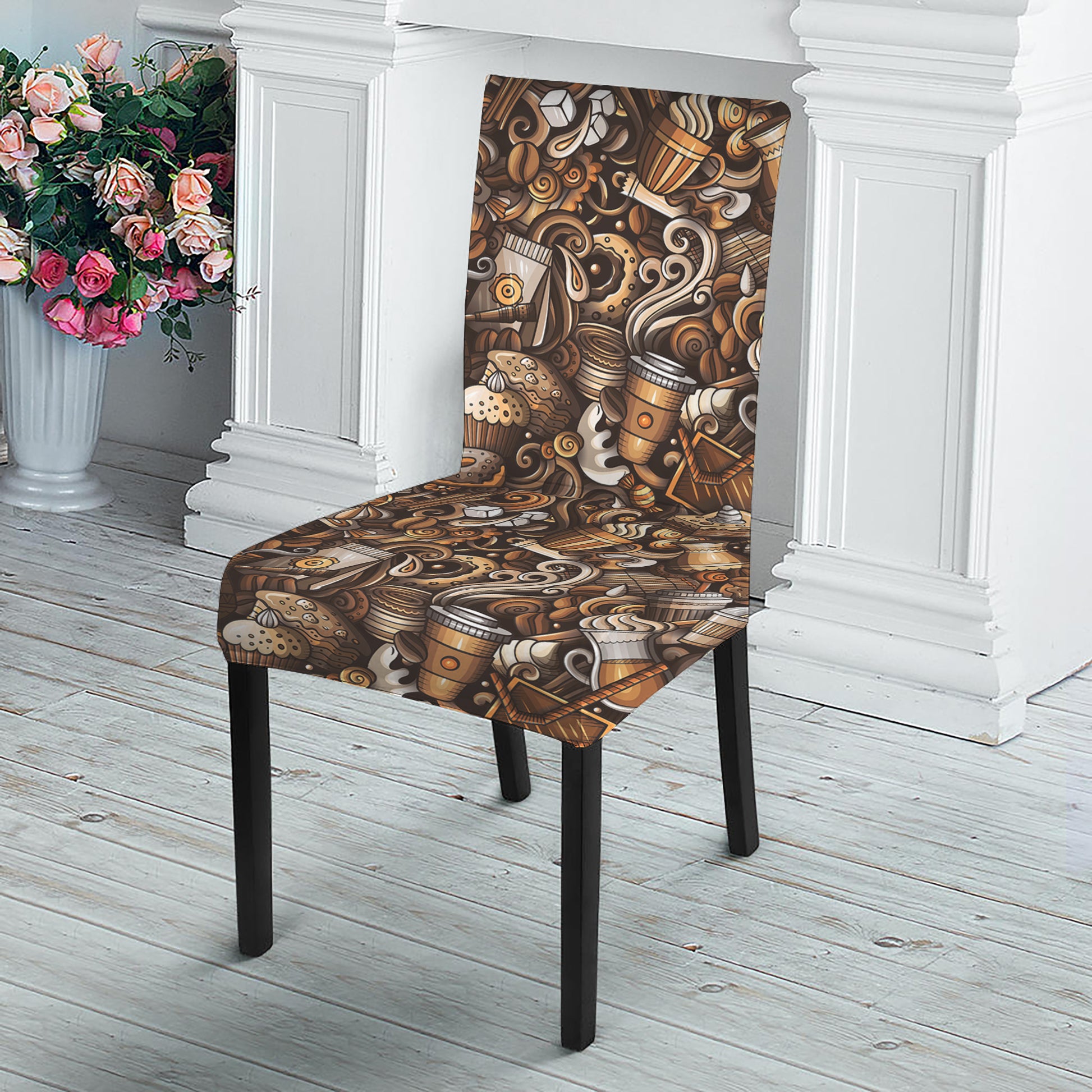 Coffee And Dessert Drawing Pattern Print Dining Chair Slipcover