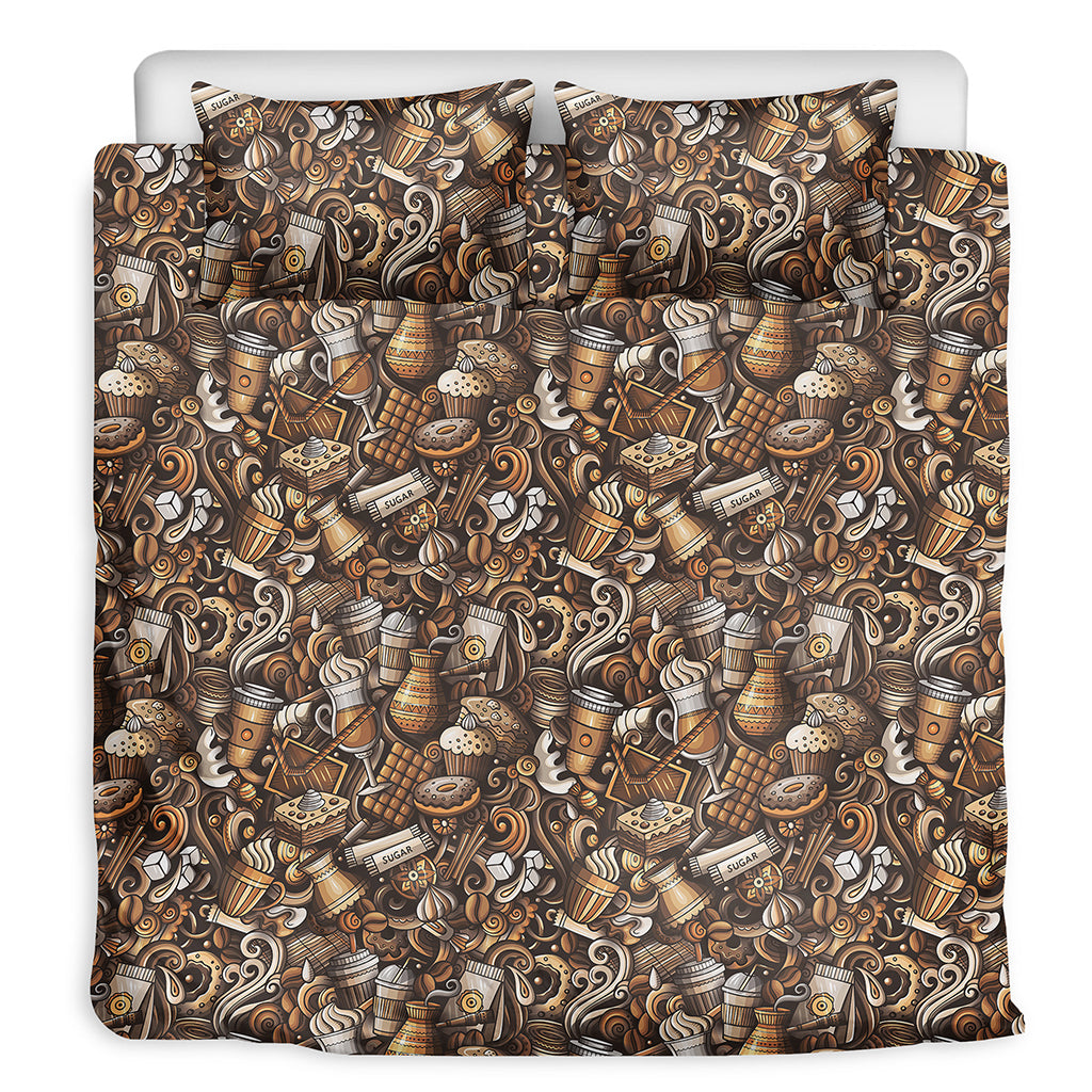Coffee And Dessert Drawing Pattern Print Duvet Cover Bedding Set