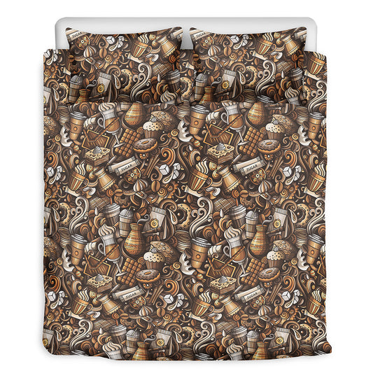 Coffee And Dessert Drawing Pattern Print Duvet Cover Bedding Set