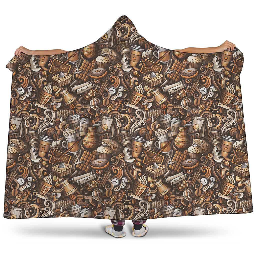 Coffee And Dessert Drawing Pattern Print Hooded Blanket