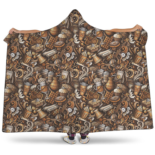 Coffee And Dessert Drawing Pattern Print Hooded Blanket