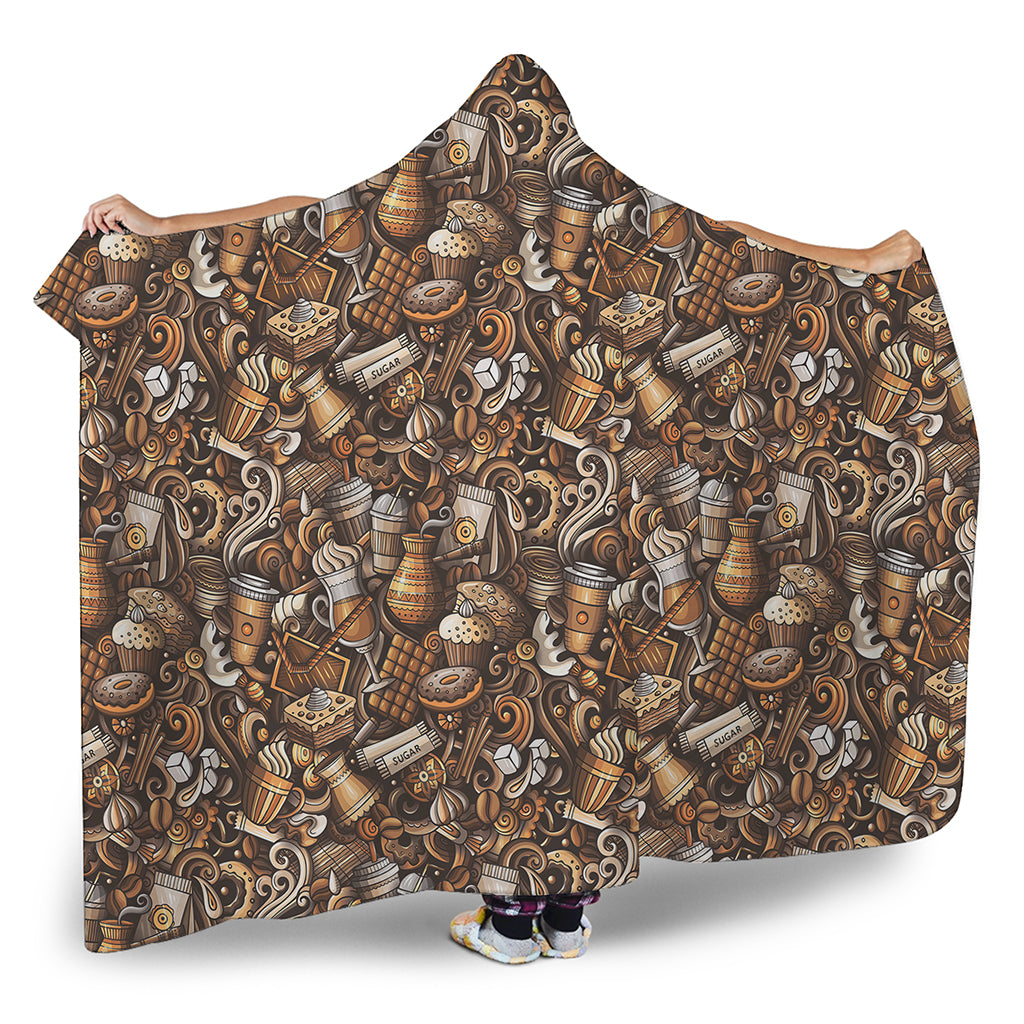 Coffee And Dessert Drawing Pattern Print Hooded Blanket