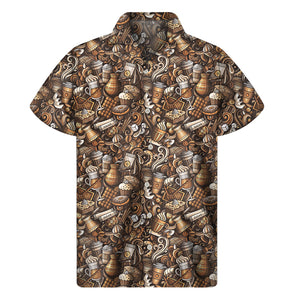 Coffee And Dessert Drawing Pattern Print Men's Short Sleeve Shirt