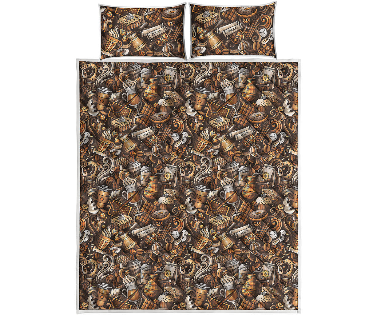 Coffee And Dessert Drawing Pattern Print Quilt Bed Set