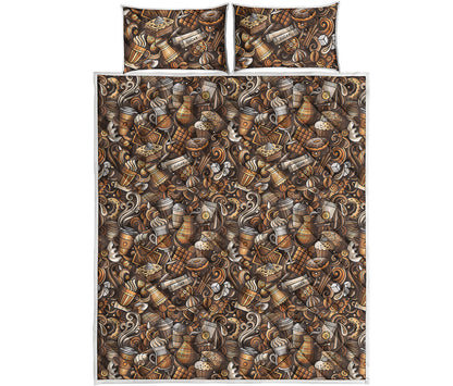 Coffee And Dessert Drawing Pattern Print Quilt Bed Set