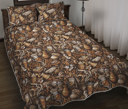 Coffee And Dessert Drawing Pattern Print Quilt Bed Set
