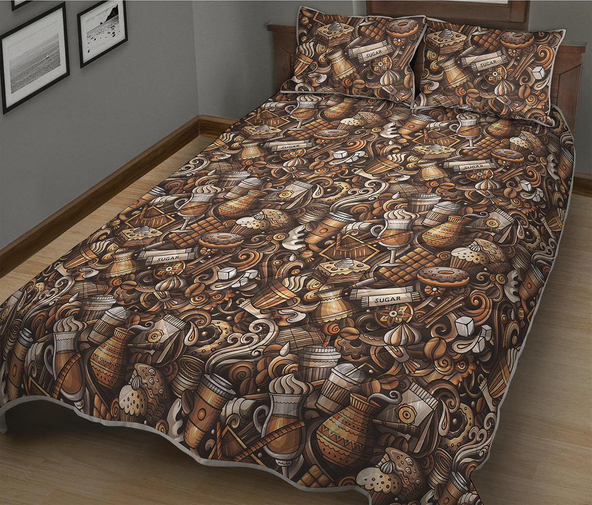 Coffee And Dessert Drawing Pattern Print Quilt Bed Set