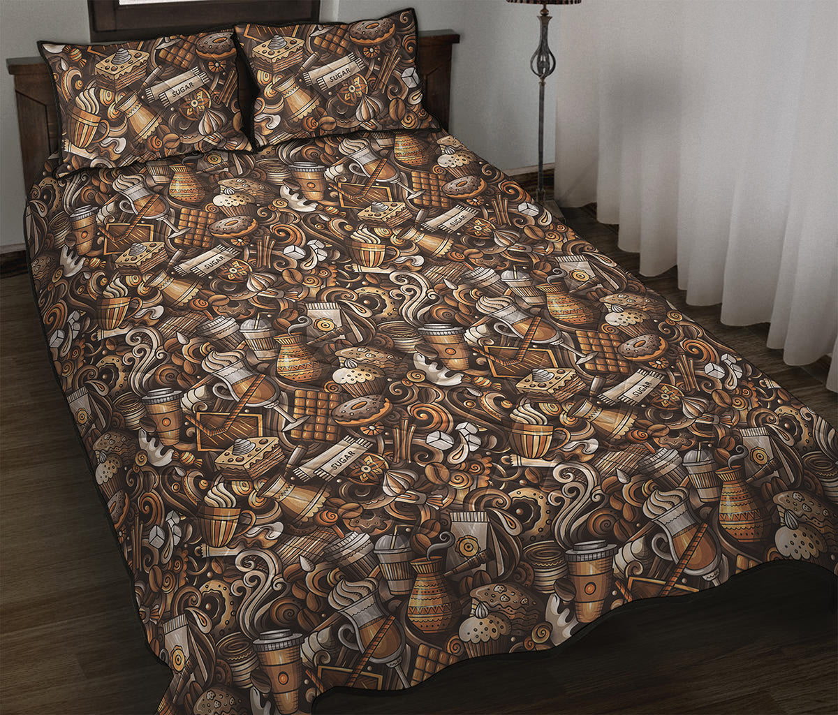Coffee And Dessert Drawing Pattern Print Quilt Bed Set