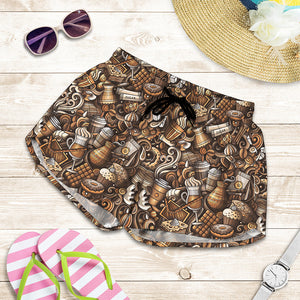 Coffee And Dessert Drawing Pattern Print Women's Shorts