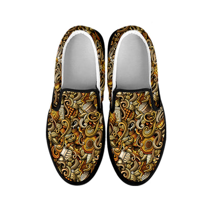 Coffee Drawing Pattern Print Black Slip On Shoes