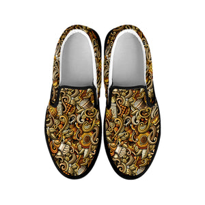 Coffee Drawing Pattern Print Black Slip On Shoes