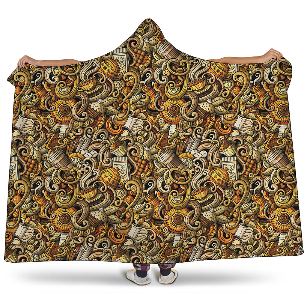 Coffee Drawing Pattern Print Hooded Blanket