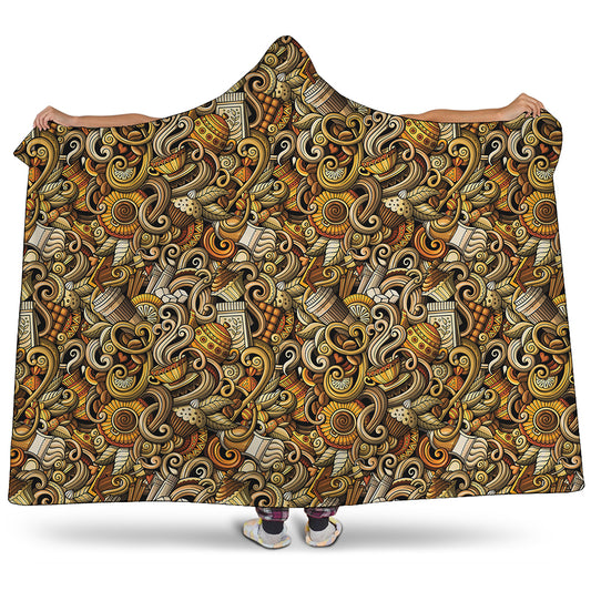 Coffee Drawing Pattern Print Hooded Blanket