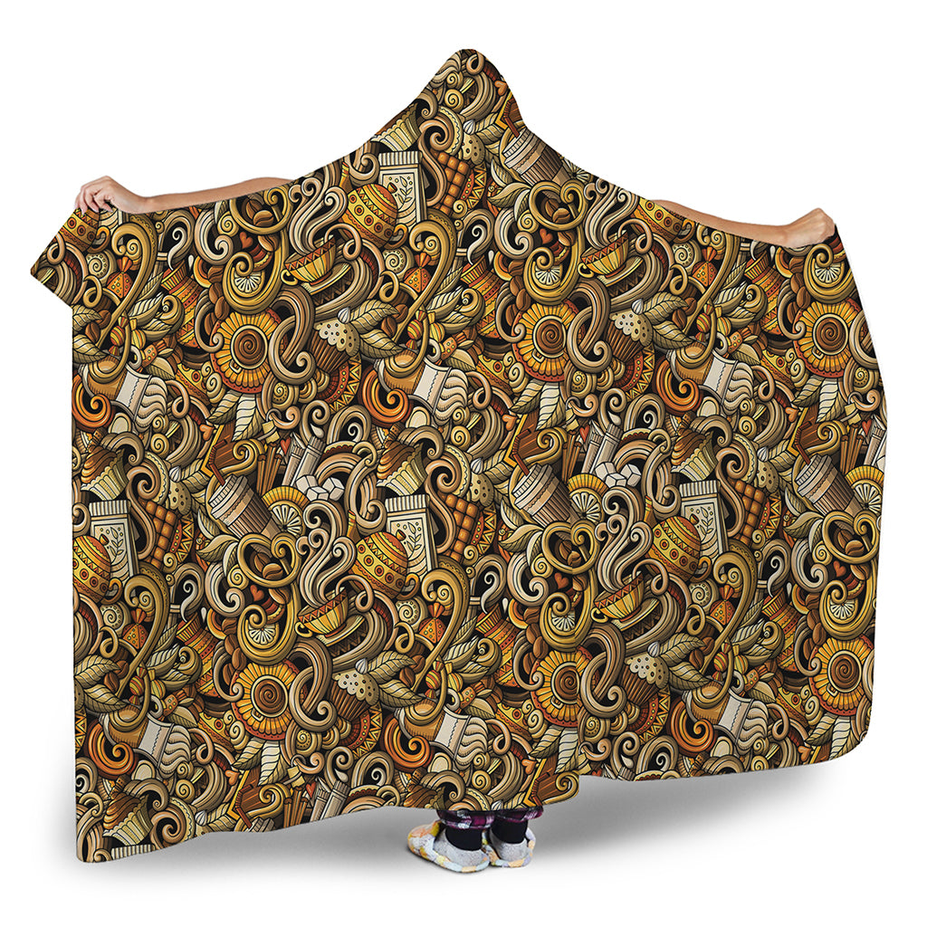 Coffee Drawing Pattern Print Hooded Blanket