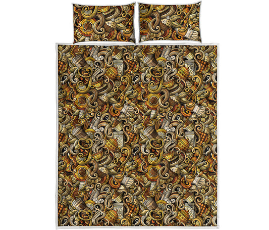 Coffee Drawing Pattern Print Quilt Bed Set