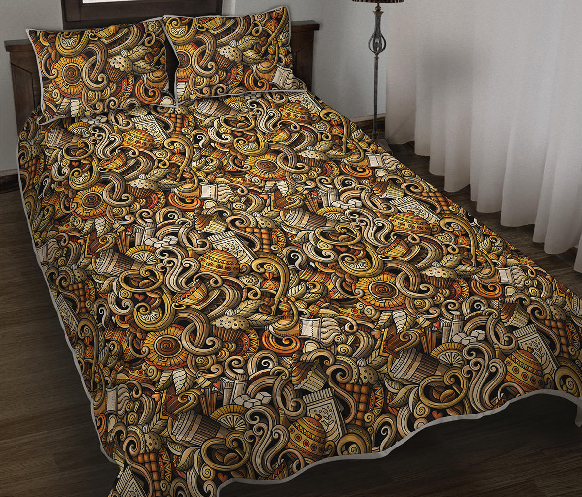 Coffee Drawing Pattern Print Quilt Bed Set