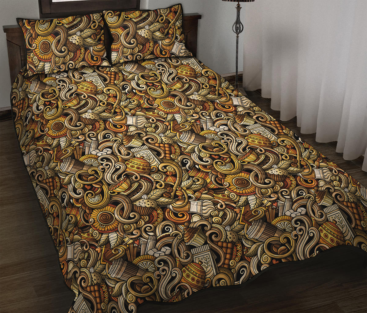 Coffee Drawing Pattern Print Quilt Bed Set