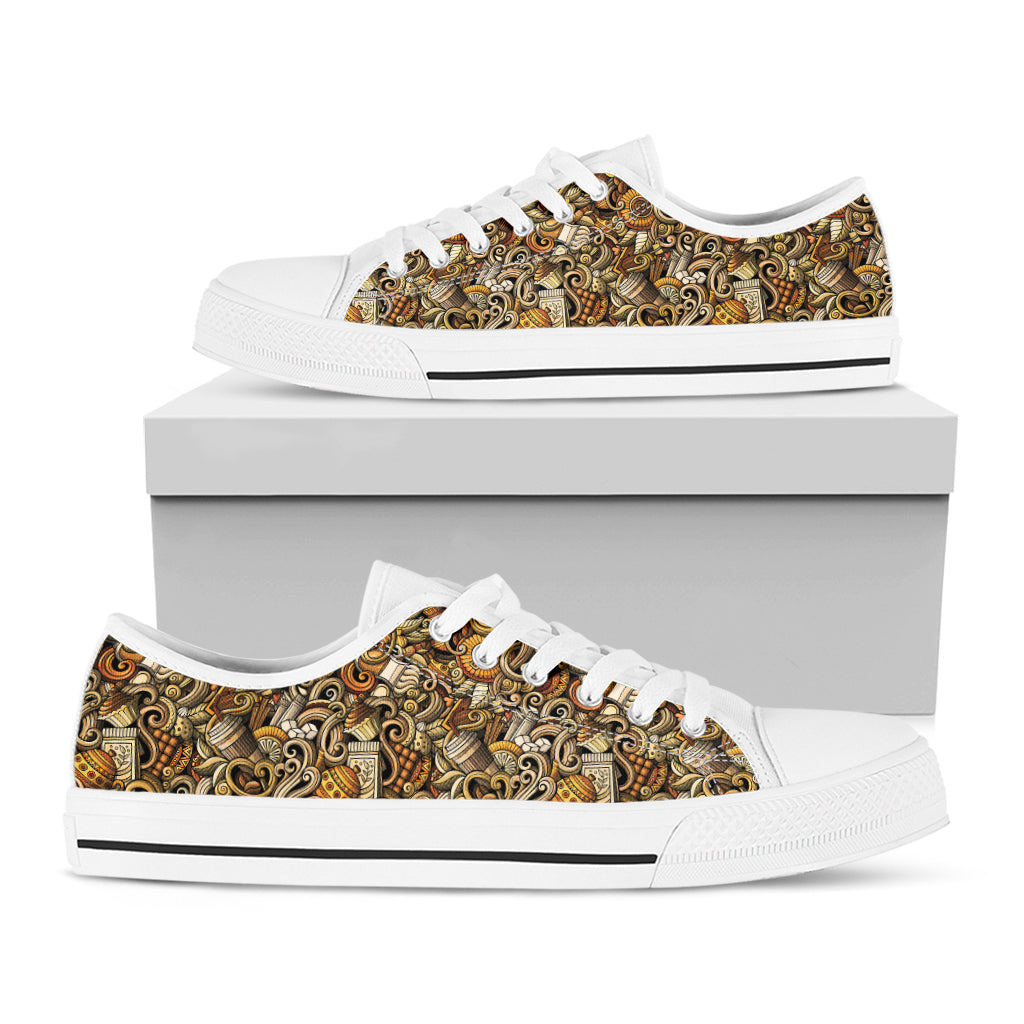Coffee Drawing Pattern Print White Low Top Shoes