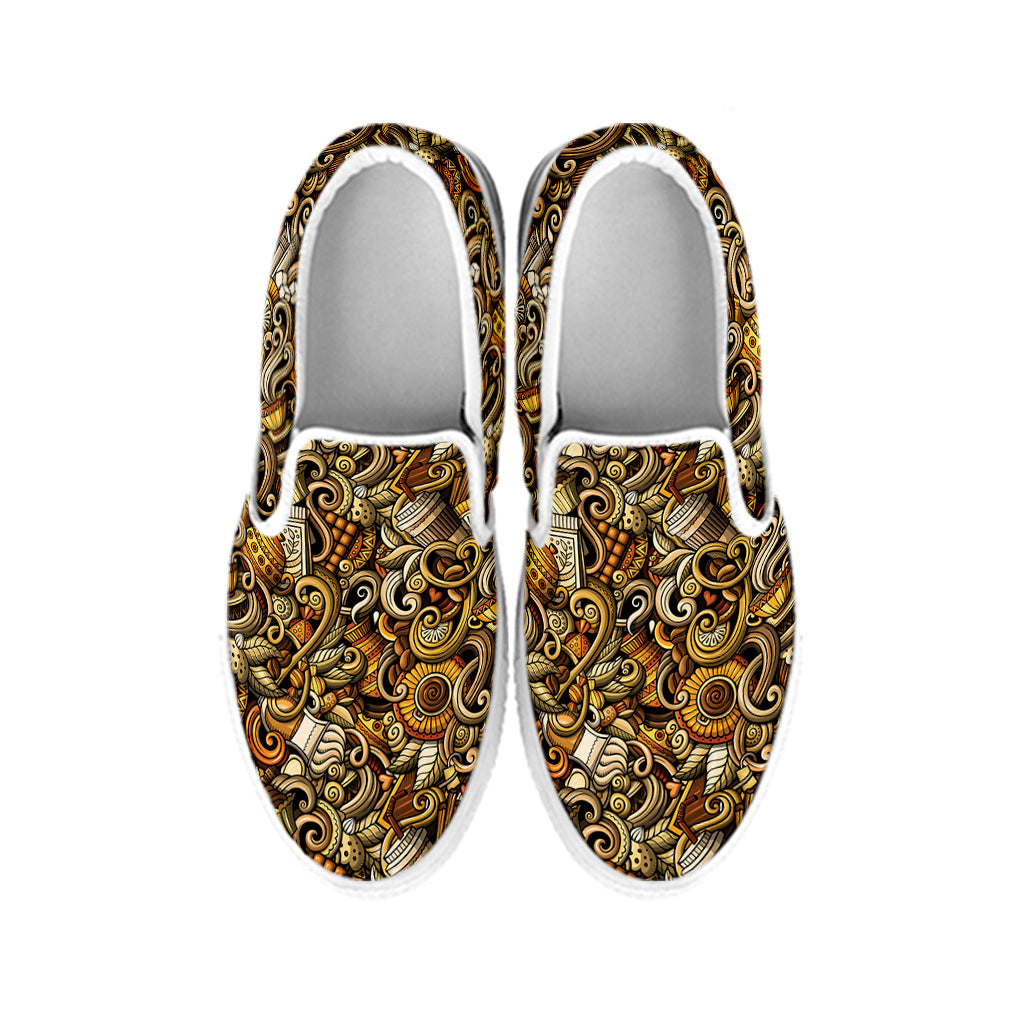 Coffee Drawing Pattern Print White Slip On Shoes