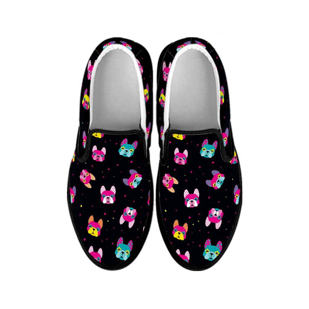 Coloful French Bulldog Print Black Slip On Shoes