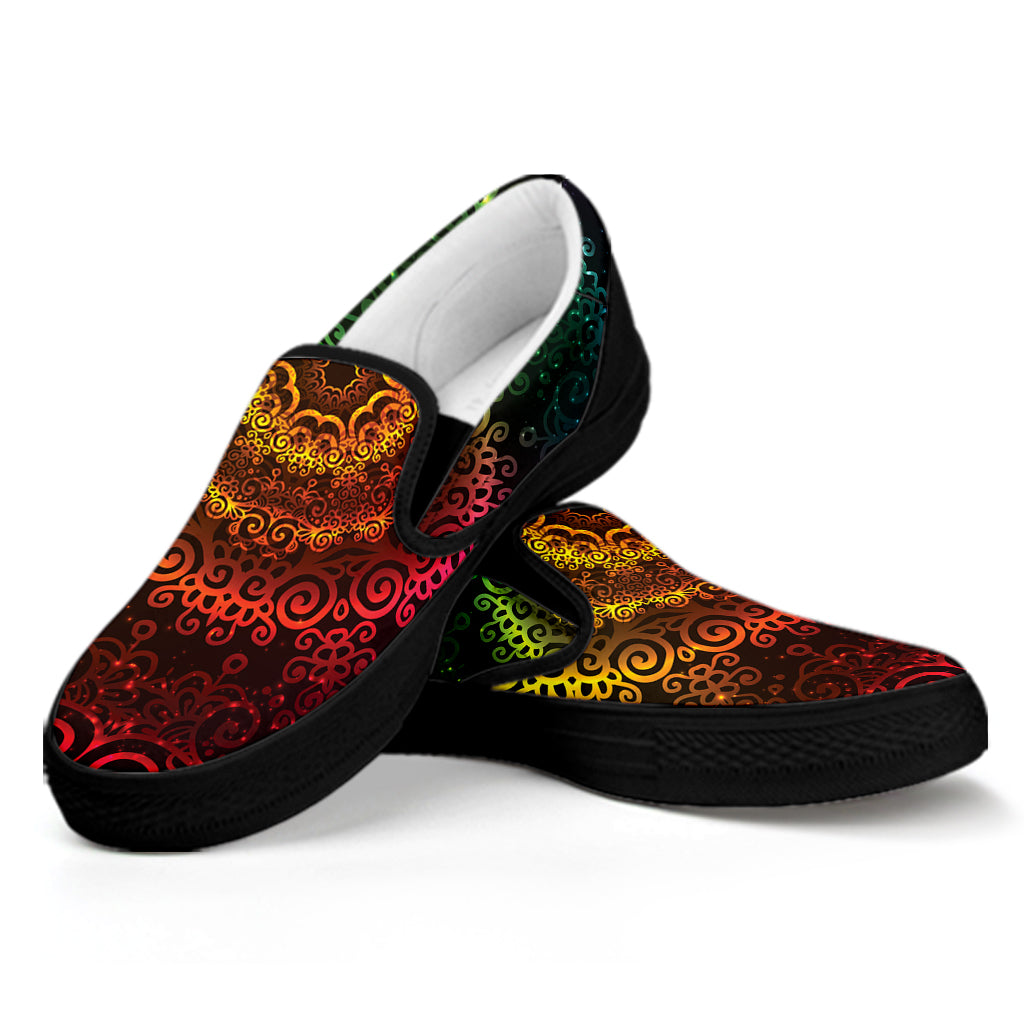 Coloful Mandala Print Black Slip On Shoes