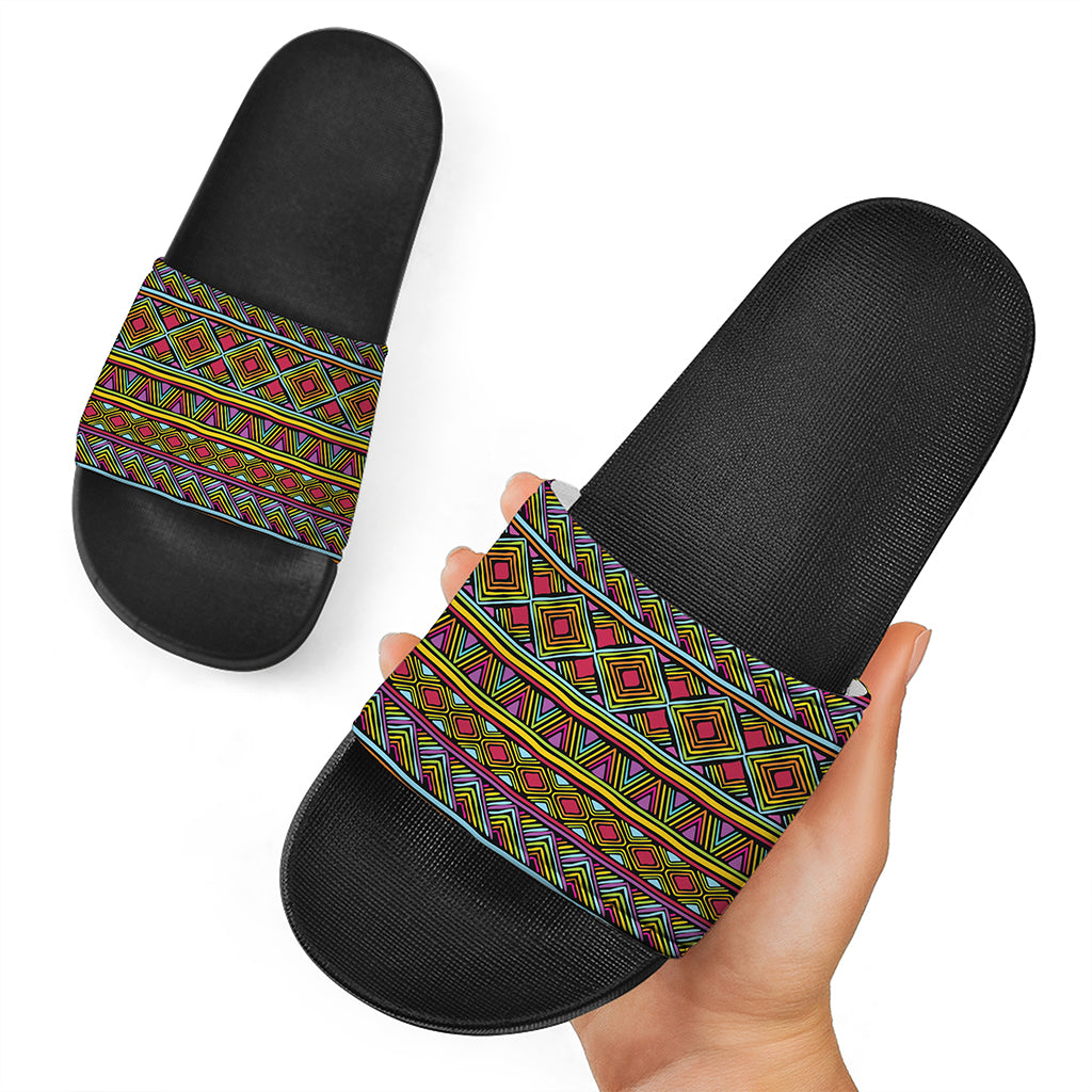 Colorful African Inspired Pattern Print Black Slide Sandals