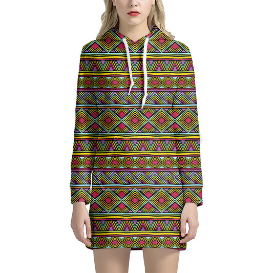 Colorful African Inspired Pattern Print Hoodie Dress