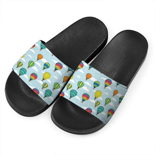 Colorful Air Balloon Pattern Print Black Slide Sandals
