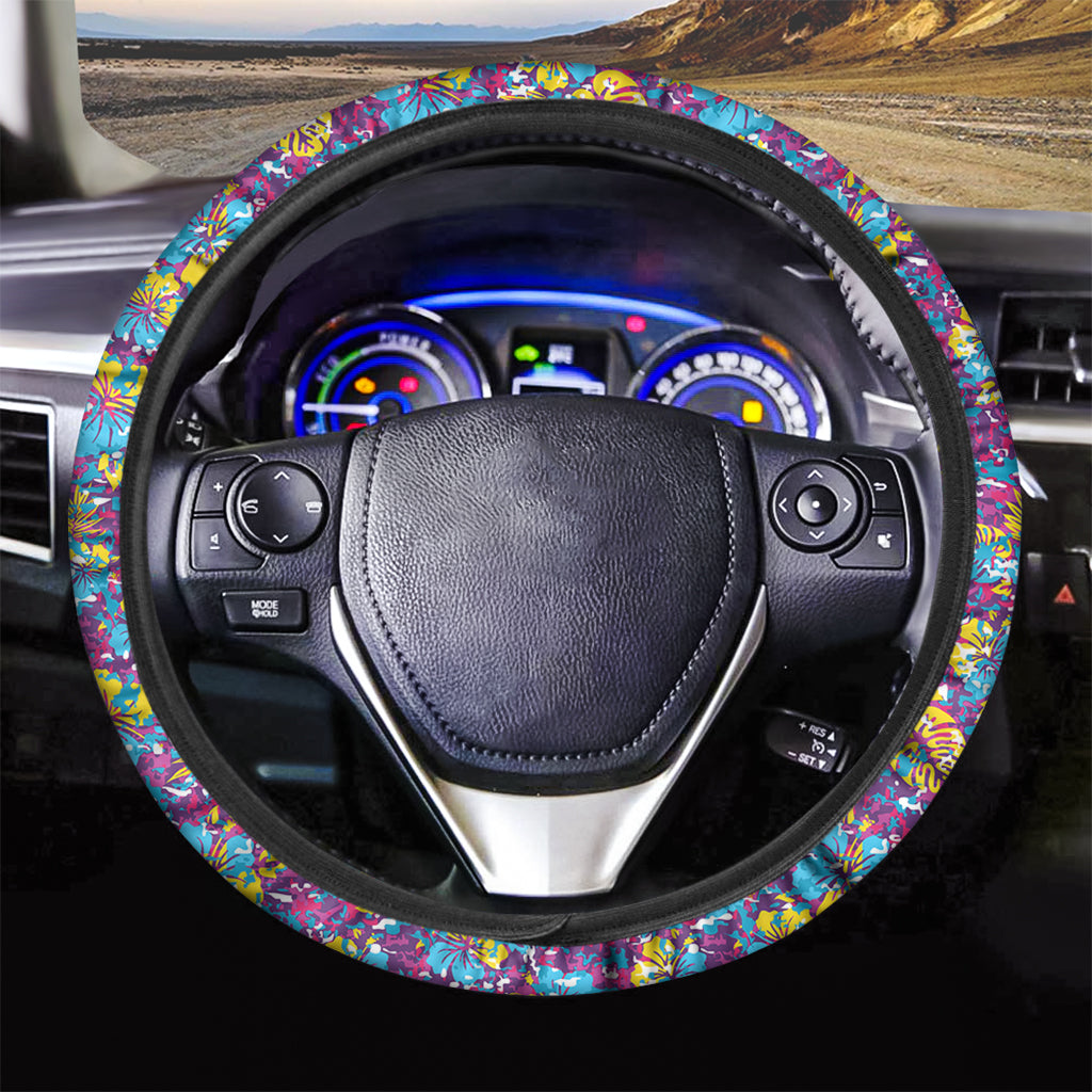 Colorful Aloha Camouflage Flower Print Car Steering Wheel Cover