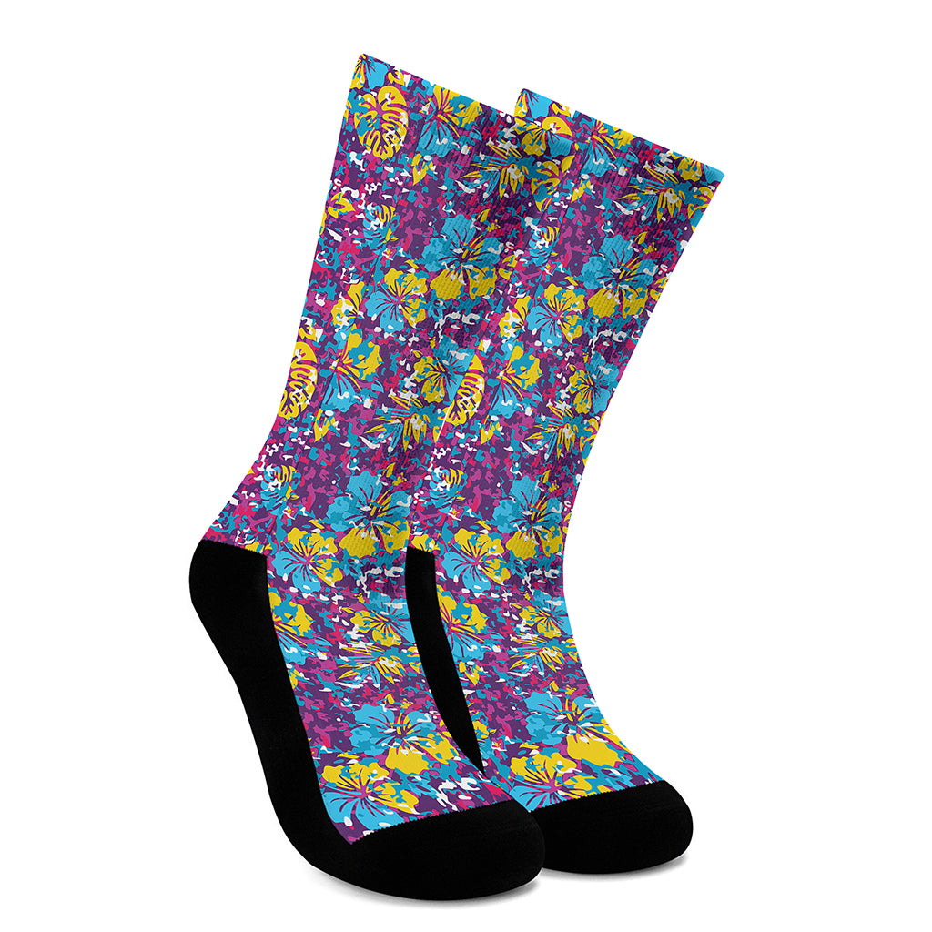 Colorful Aloha Camouflage Flower Print Crew Socks