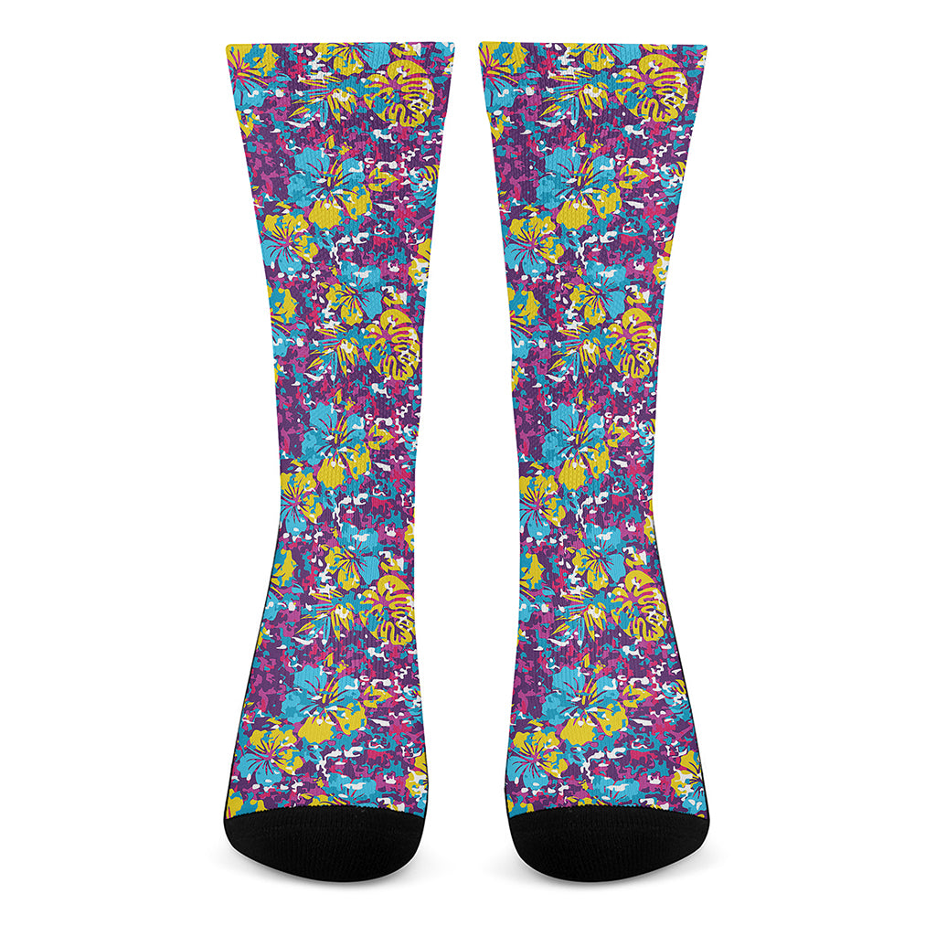 Colorful Aloha Camouflage Flower Print Crew Socks