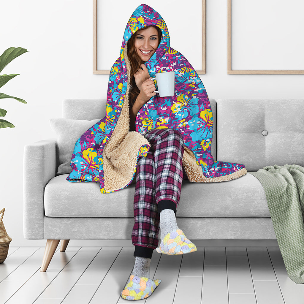 Colorful Aloha Camouflage Flower Print Hooded Blanket
