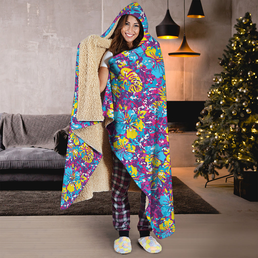 Colorful Aloha Camouflage Flower Print Hooded Blanket