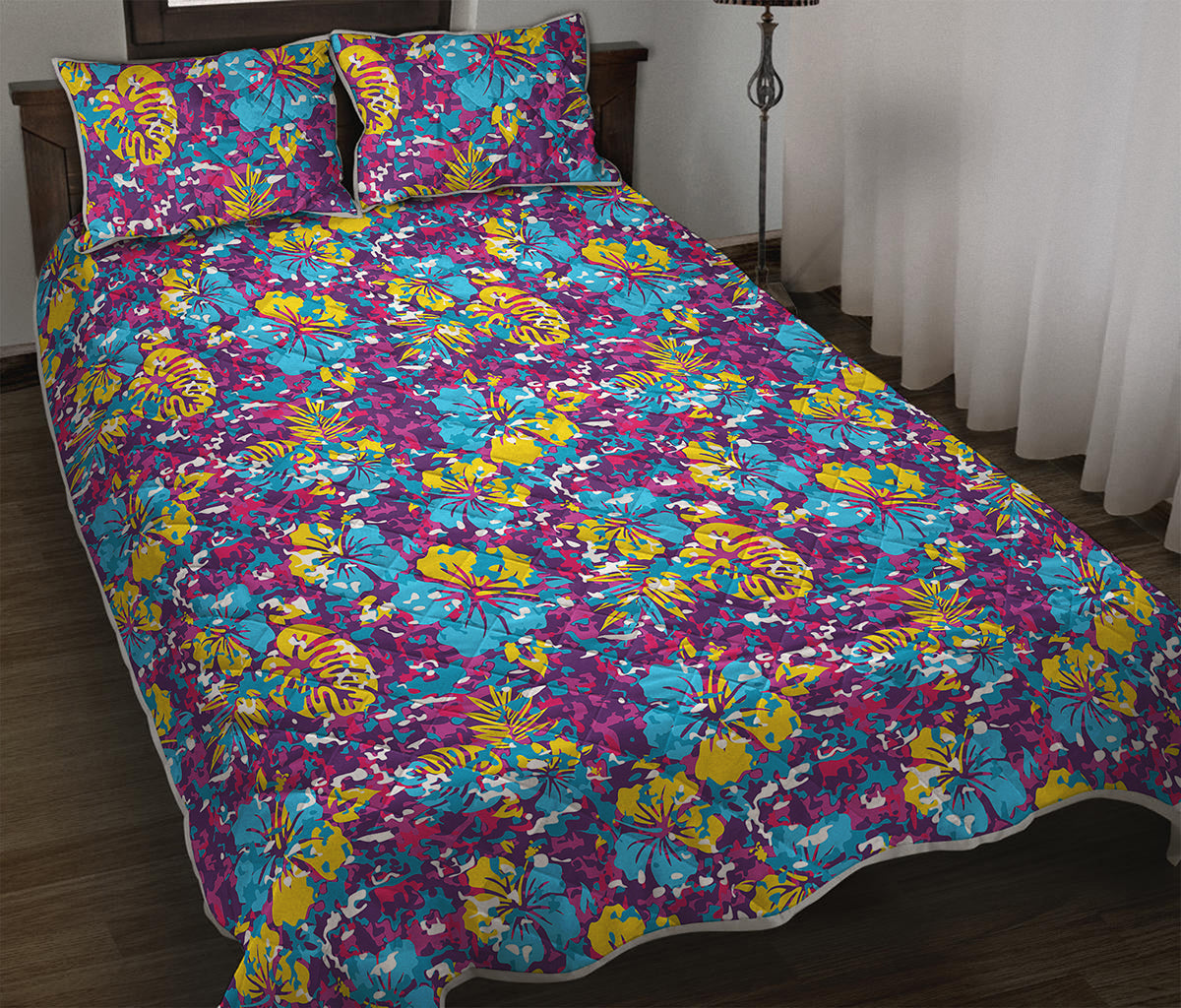 Colorful Aloha Camouflage Flower Print Quilt Bed Set