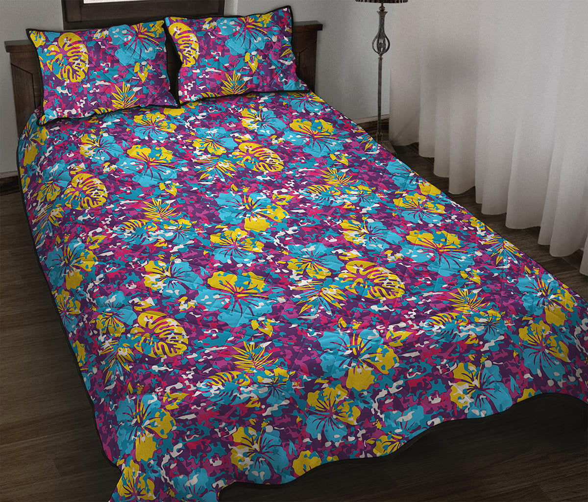 Colorful Aloha Camouflage Flower Print Quilt Bed Set