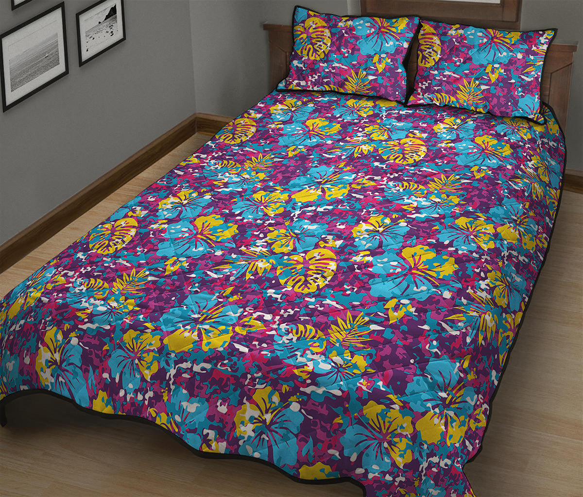 Colorful Aloha Camouflage Flower Print Quilt Bed Set