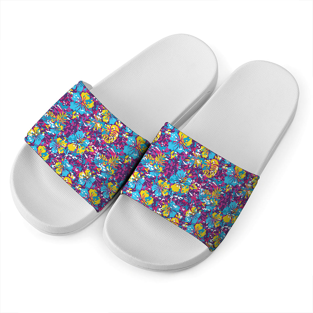 Colorful Aloha Camouflage Flower Print White Slide Sandals