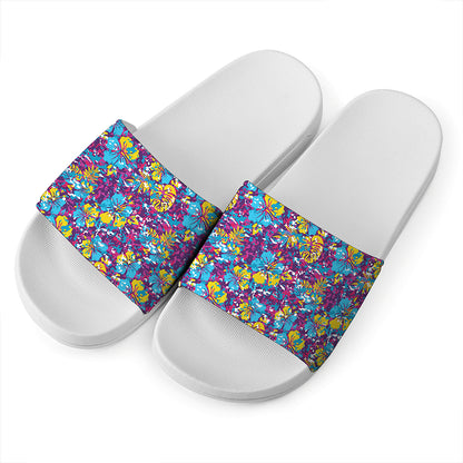 Colorful Aloha Camouflage Flower Print White Slide Sandals
