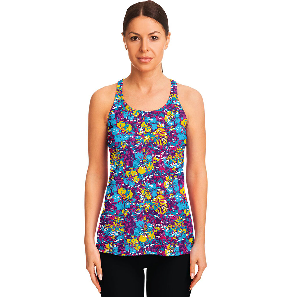 Colorful Aloha Camouflage Flower Print Women's Racerback Tank Top