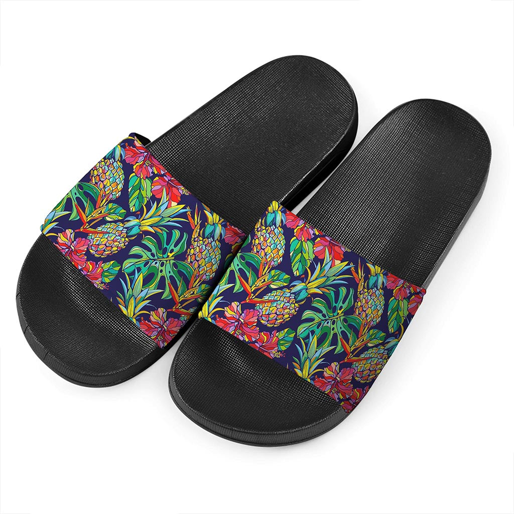 Colorful Aloha Pineapple Pattern Print Black Slide Sandals