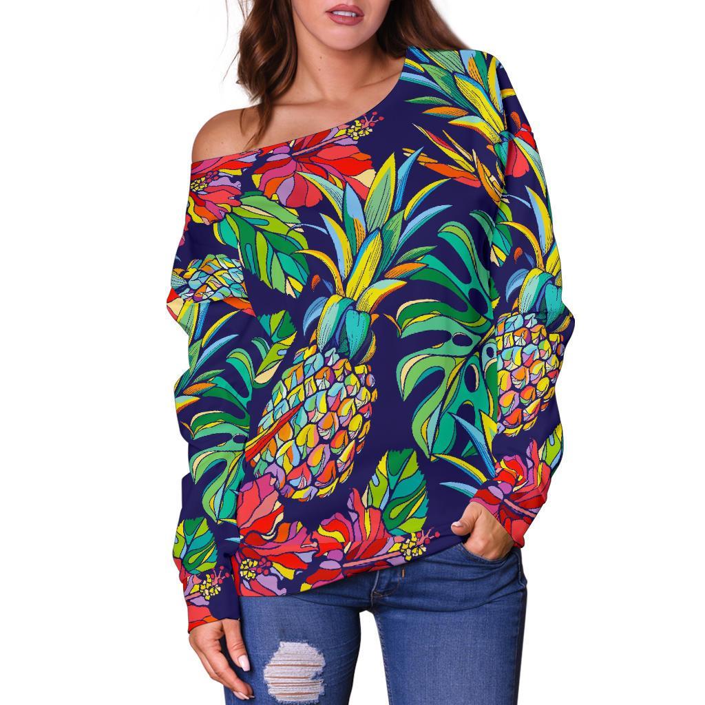 Colorful Aloha Pineapple Pattern Print Off Shoulder Sweatshirt GearFrost