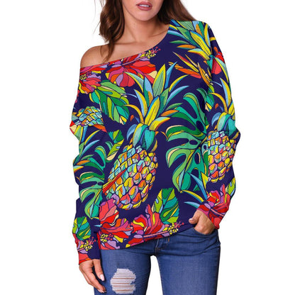 Colorful Aloha Pineapple Pattern Print Off Shoulder Sweatshirt GearFrost