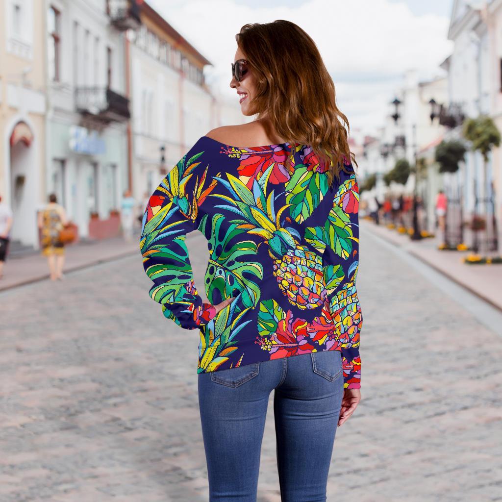 Colorful Aloha Pineapple Pattern Print Off Shoulder Sweatshirt GearFrost