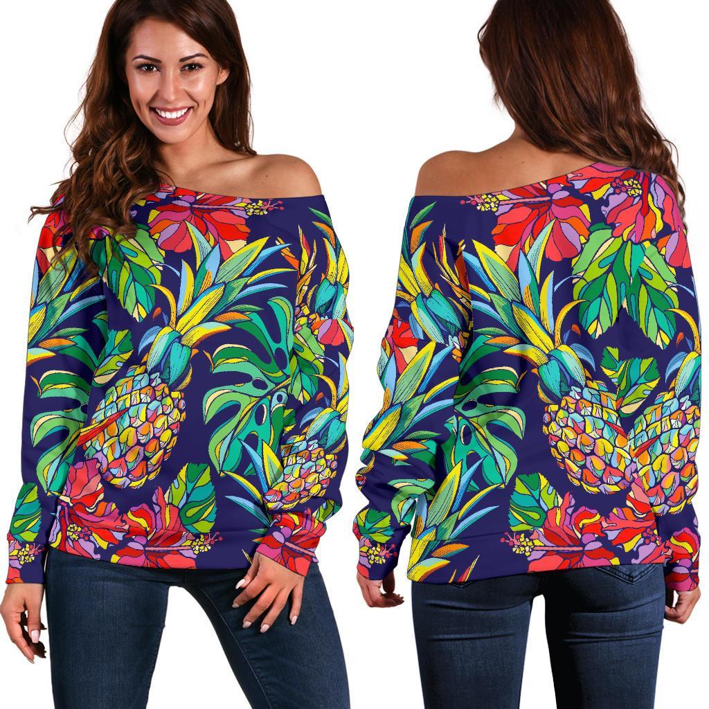 Colorful Aloha Pineapple Pattern Print Off Shoulder Sweatshirt GearFrost