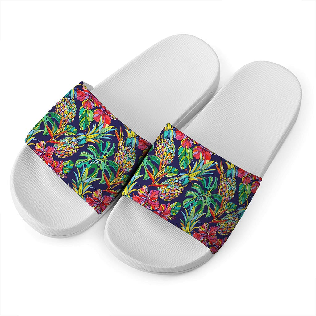 Colorful Aloha Pineapple Pattern Print White Slide Sandals