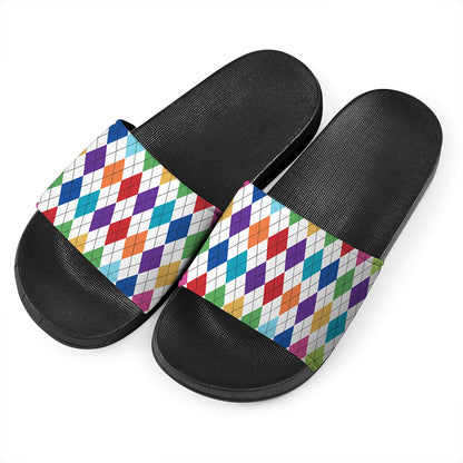 Colorful Argyle Pattern Print Black Slide Sandals