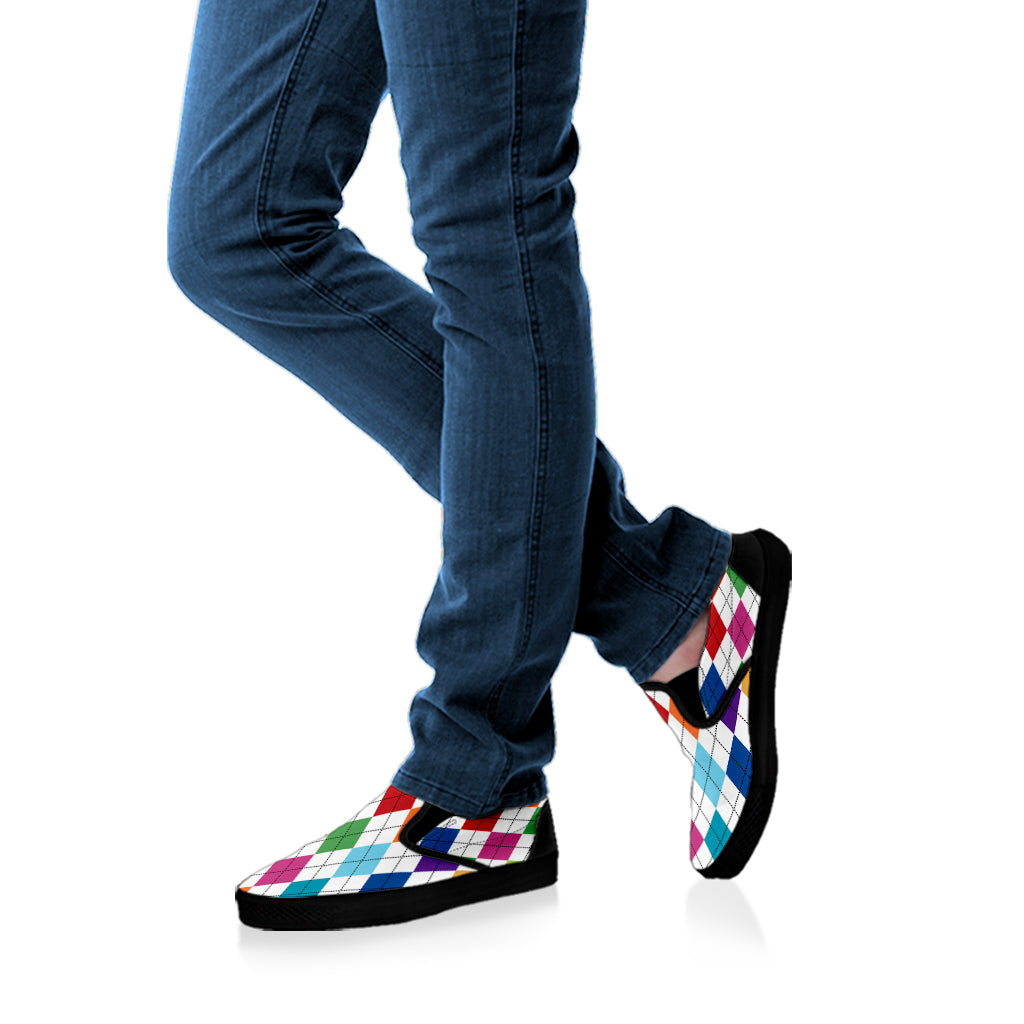Colorful Argyle Pattern Print Black Slip On Shoes